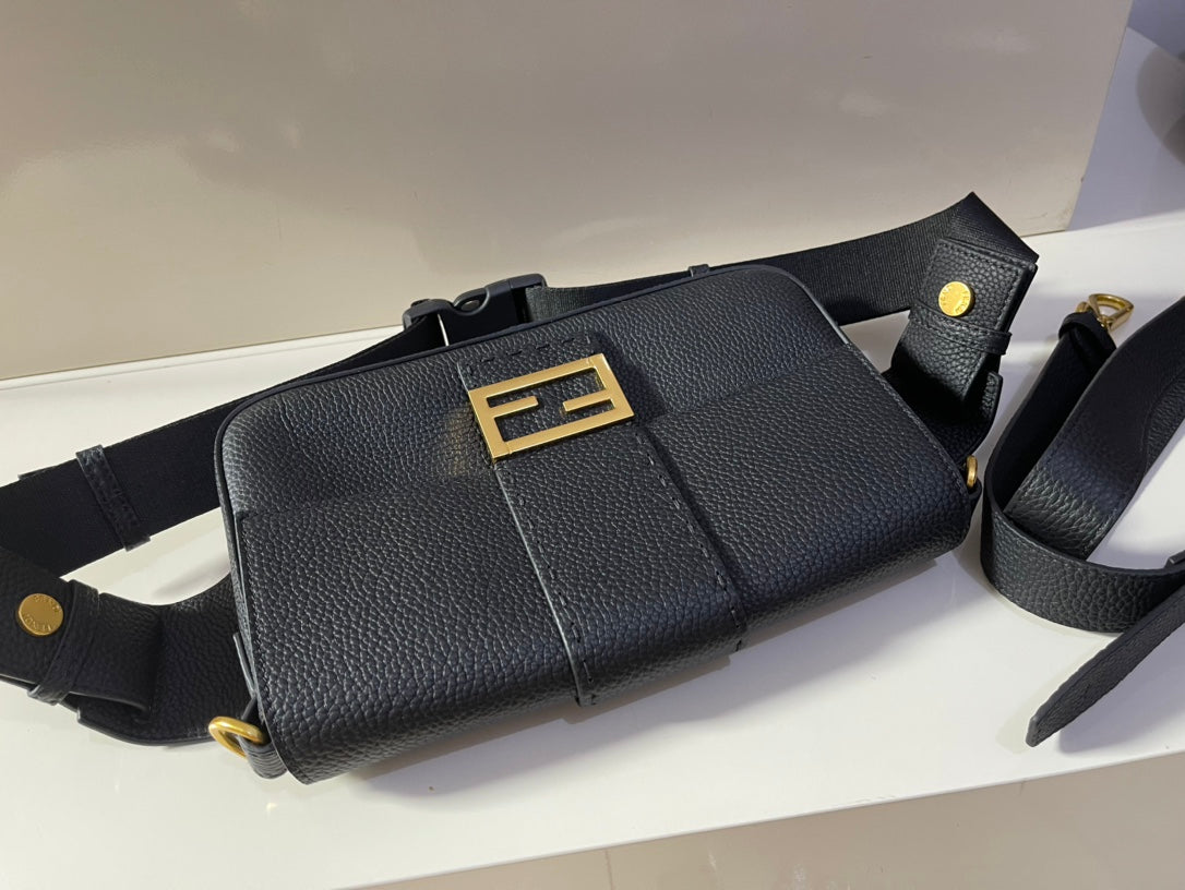 Fendi Black Leather Baguette Bag with Gold FF Hardware