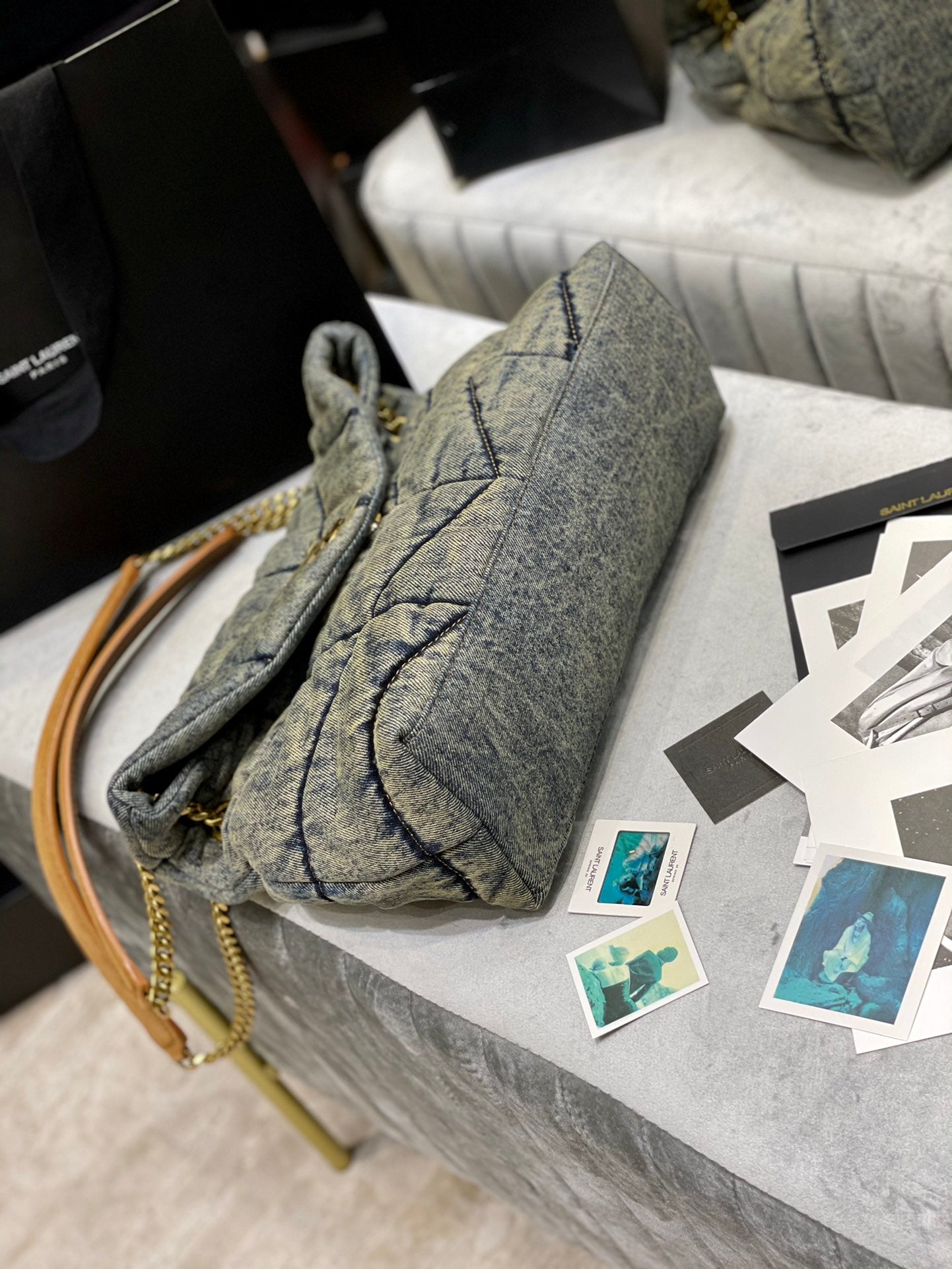 Saint Laurent Puffer Small Bag in Grey Quilted Denim with Gold Hardware