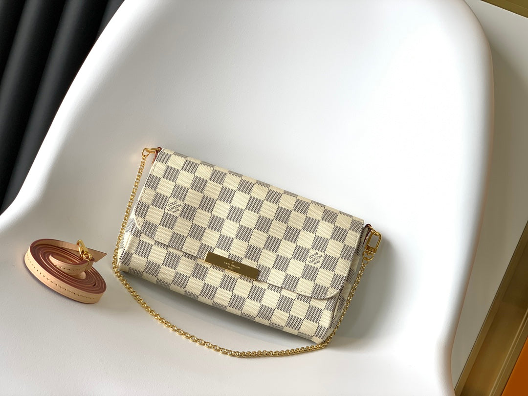 Louis Vuitton Checkered Print Envelope Crossbody Bag with Gold Chain Strap
