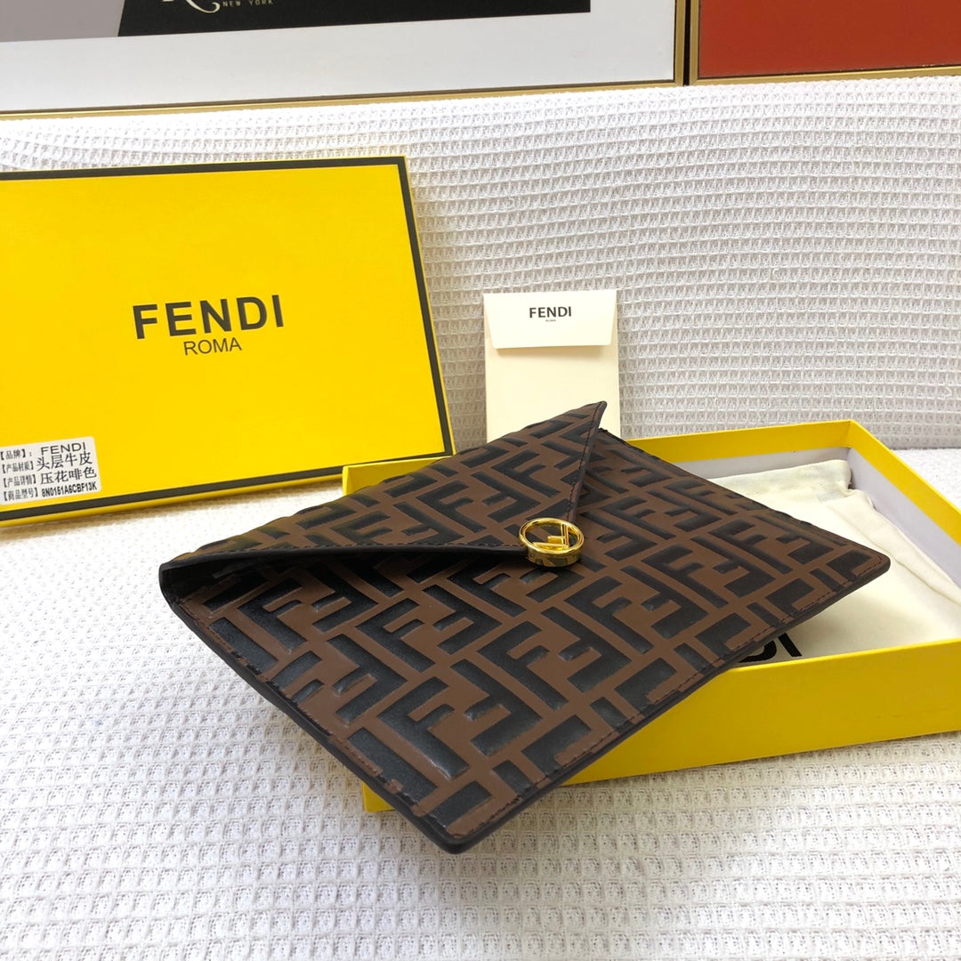 Fendi Brown FF Embossed Leather Envelope Clutch Pouch with Packaging