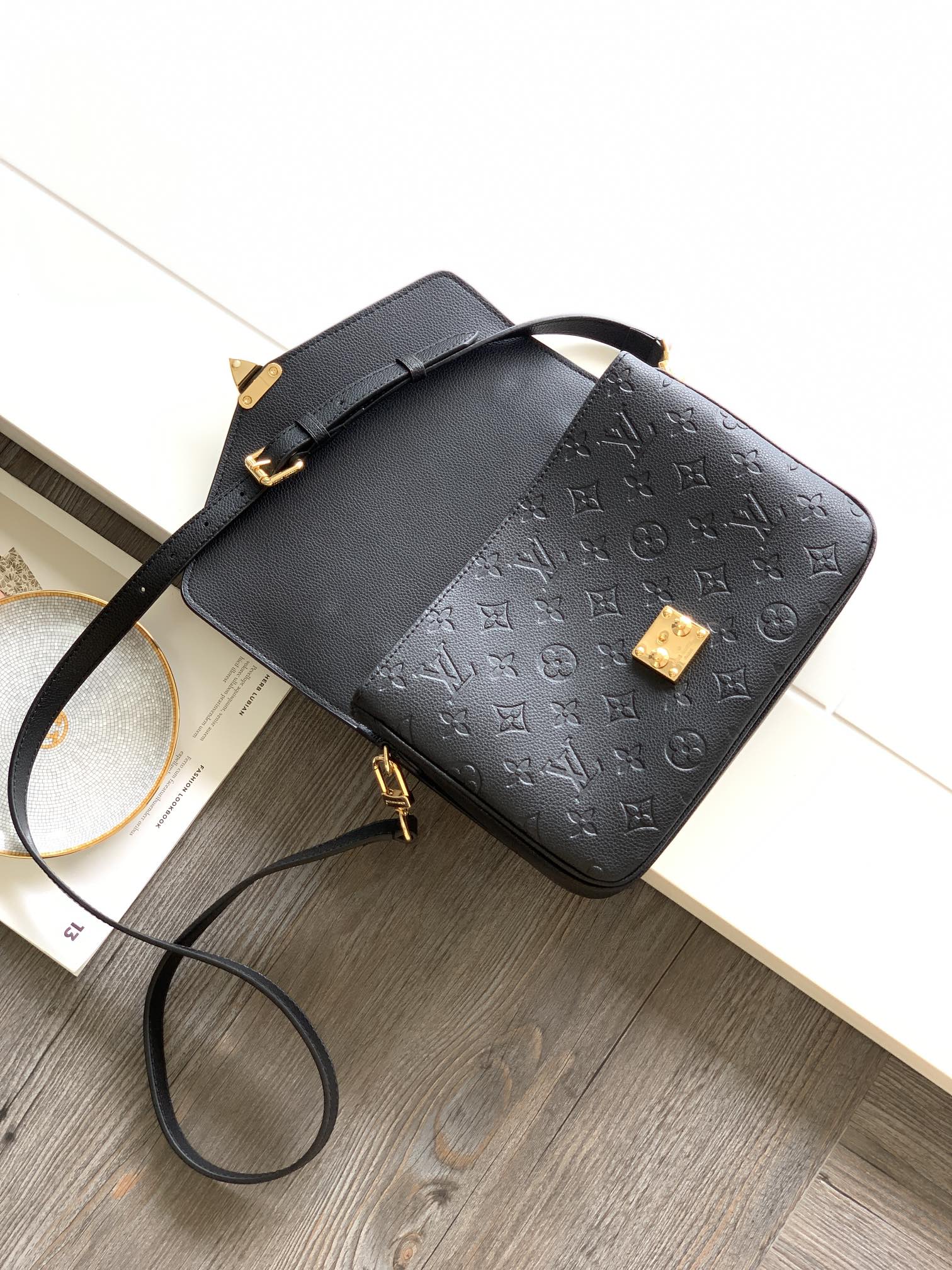 Louis Vuitton Black Embossed Leather Satchel Crossbody Handbag with Gold Clasp