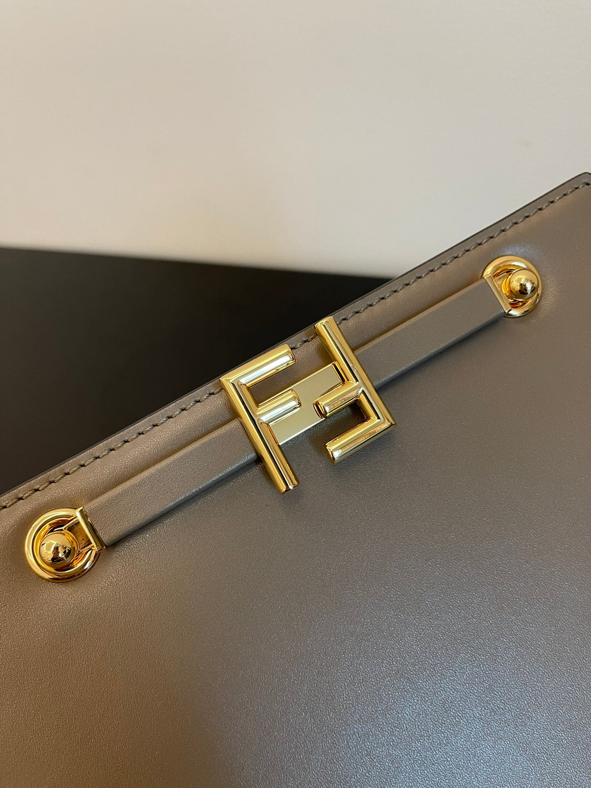 Fendi Small Grey Calfskin Leather Shoulder Bag with Gold-Tone FF Logo