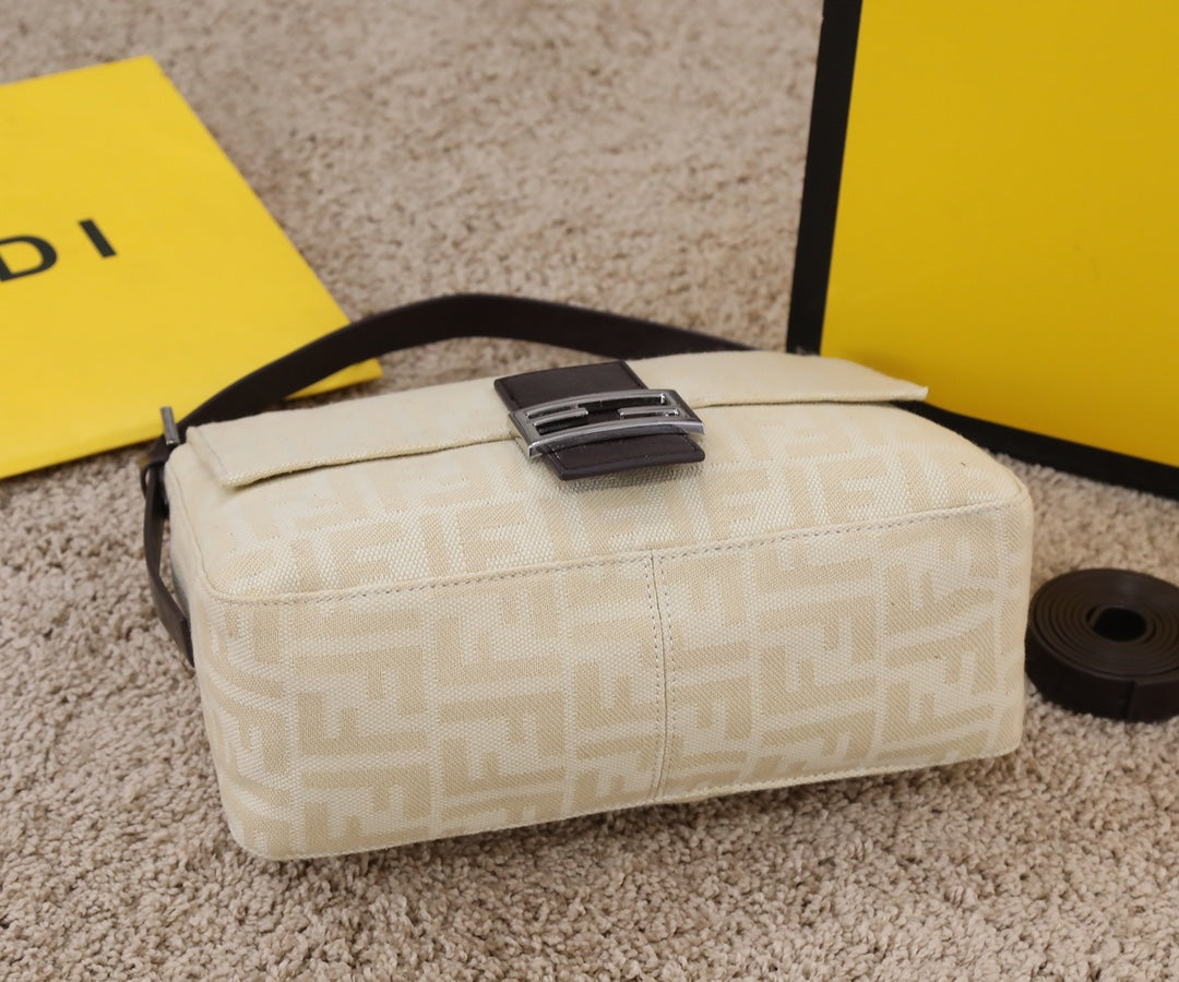 Fendi Baguette FF Monogram Fabric Shoulder Bag - Beige/Cream