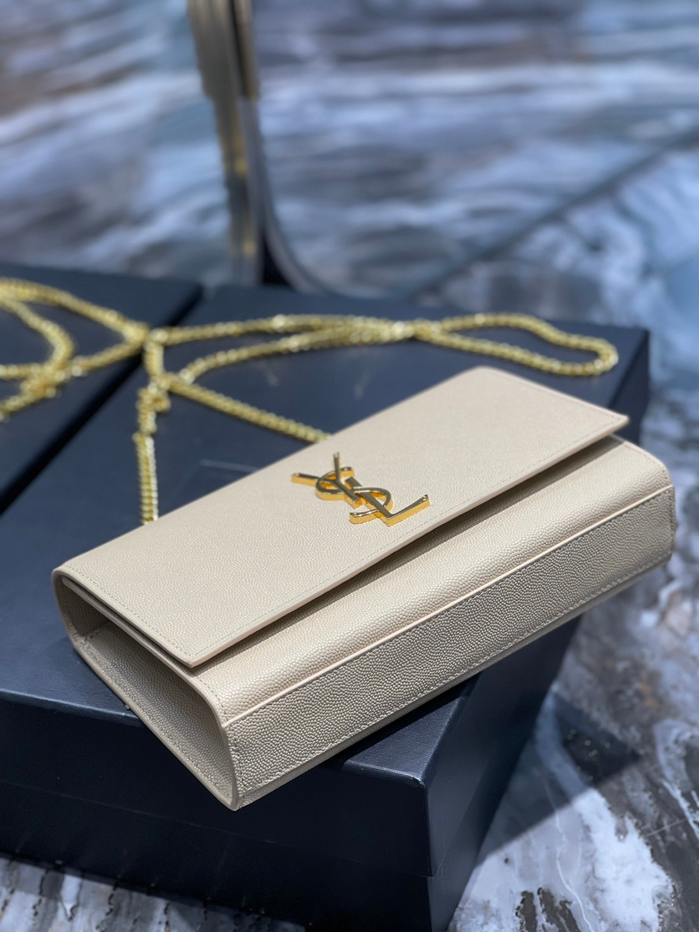 Saint Laurent Kate Small Chain Bag in Grain de Poudre Leather - Beige