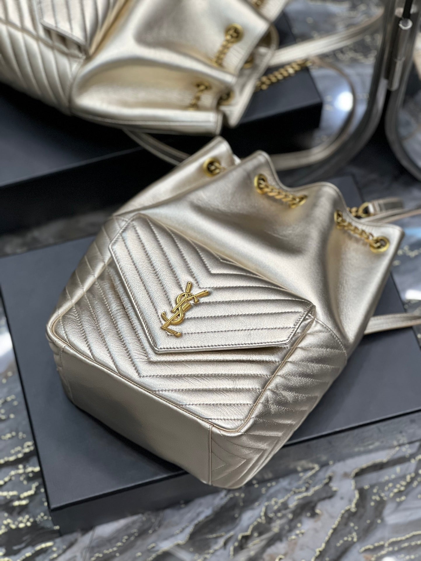 Gold Quilted Leather Bucket Bag - Elegant Metallic Shoulder Bag with Chain Strap