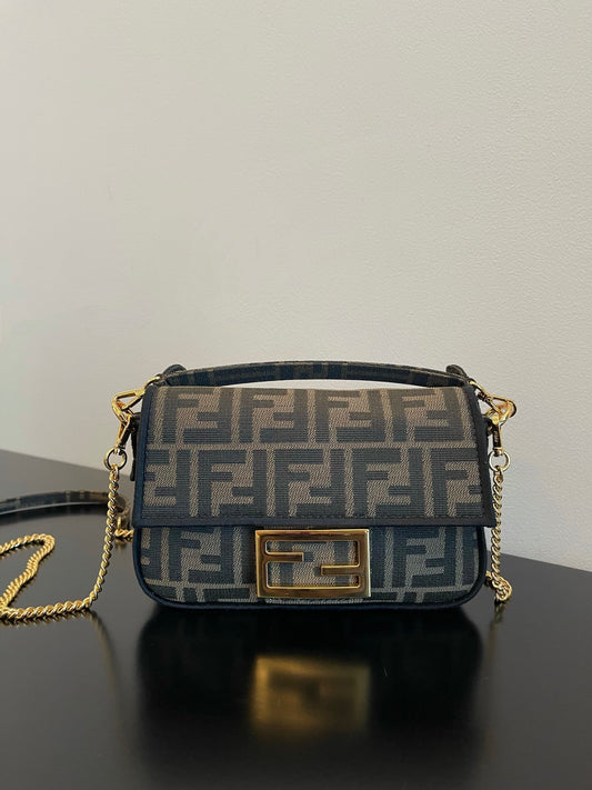 Fendi Monogram Canvas Baguette Bag with Gold-Tone Chain Strap - Navy/Grey