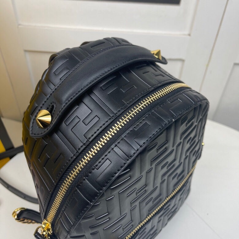 Fendi Black Embossed FF Logo Leather Mini Backpack with Gold-Tone Hardware