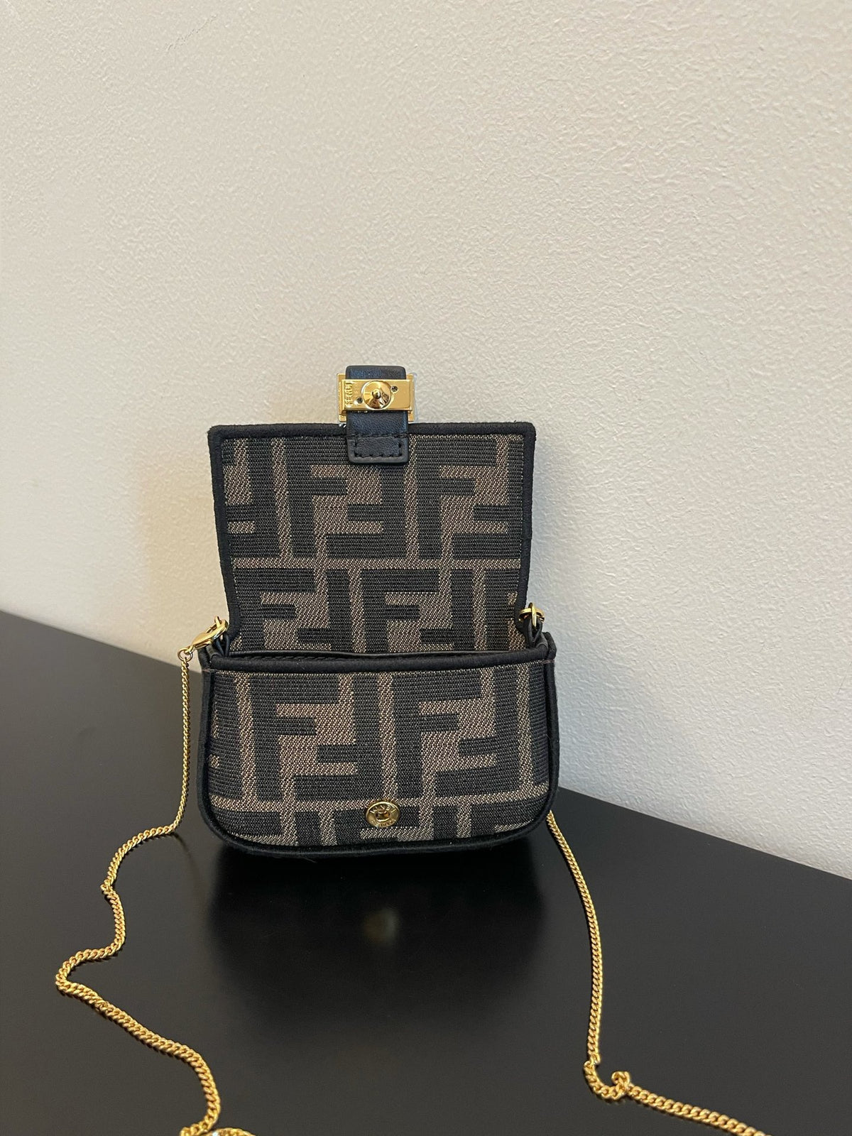Fendi Nano Baguette Charm in Brown FF Fabric with Chain Strap