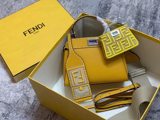 Fendi Mini Peekaboo ISeeU Leather Handbag in Yellow with FF Logo Strap and Nano Baguette Charm