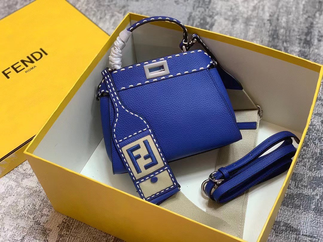 Fendi Peekaboo ISeeU Petite Royal Blue Leather Handbag with FF Monogram Pouch