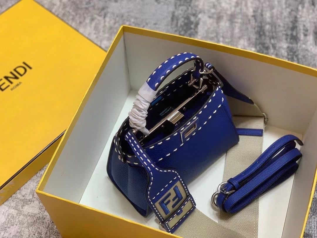 Fendi Peekaboo ISeeU Petite Royal Blue Leather Handbag with FF Monogram Pouch