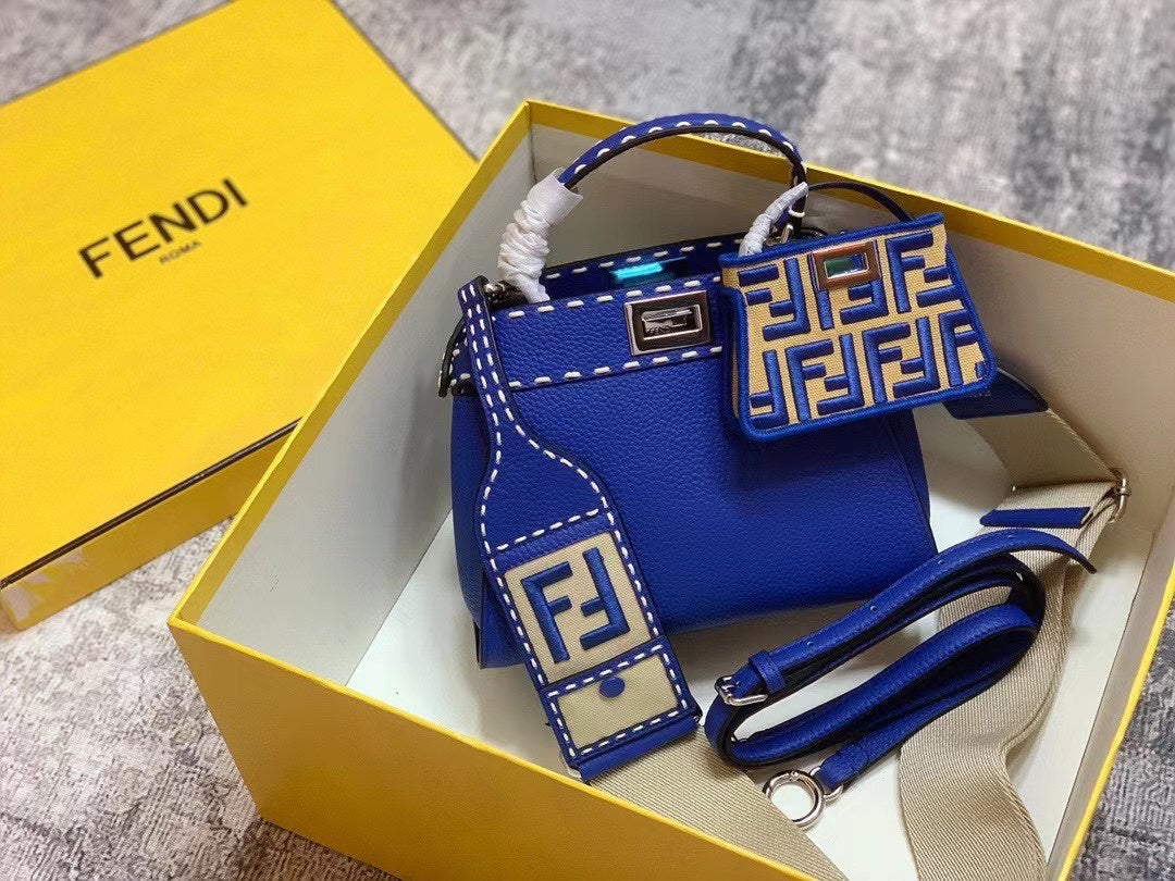 Fendi Peekaboo ISeeU Petite Royal Blue Leather Handbag with FF Monogram Pouch