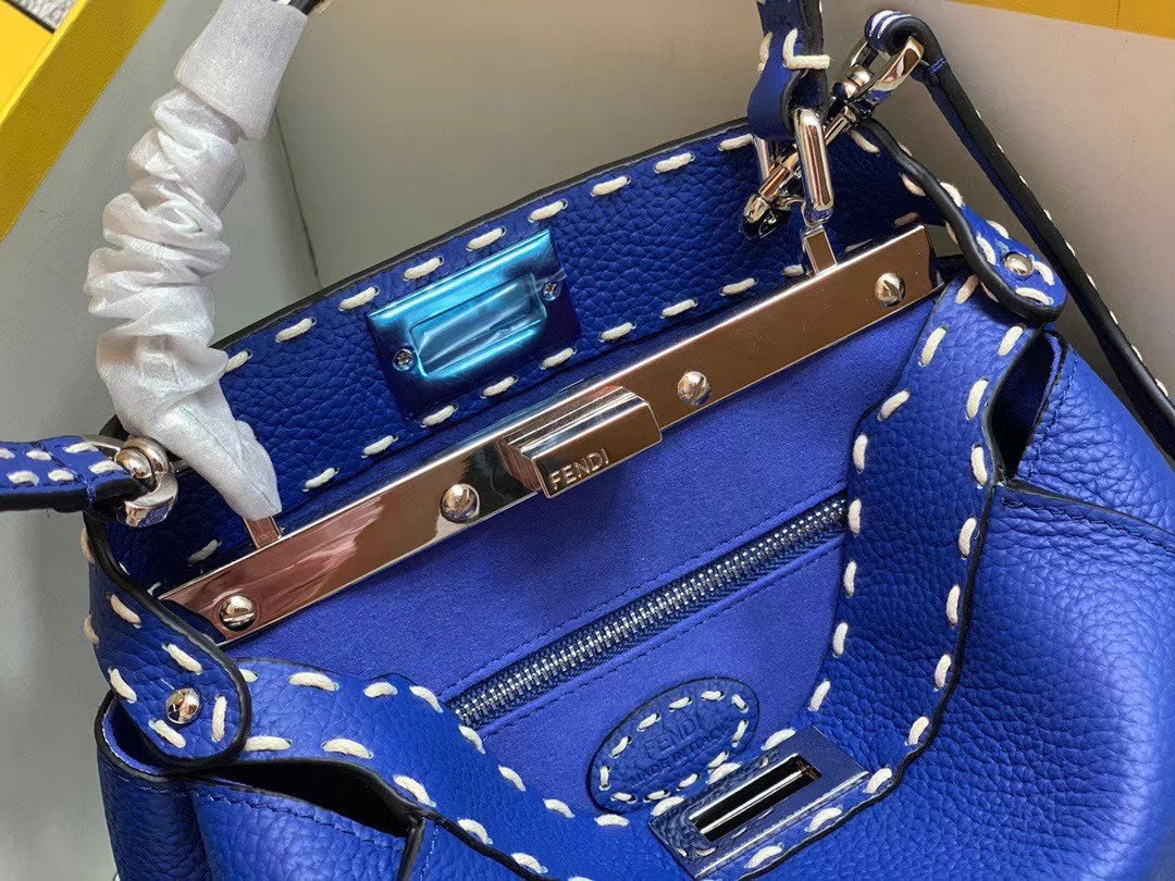 Fendi Peekaboo ISeeU Petite Royal Blue Leather Handbag with FF Monogram Pouch