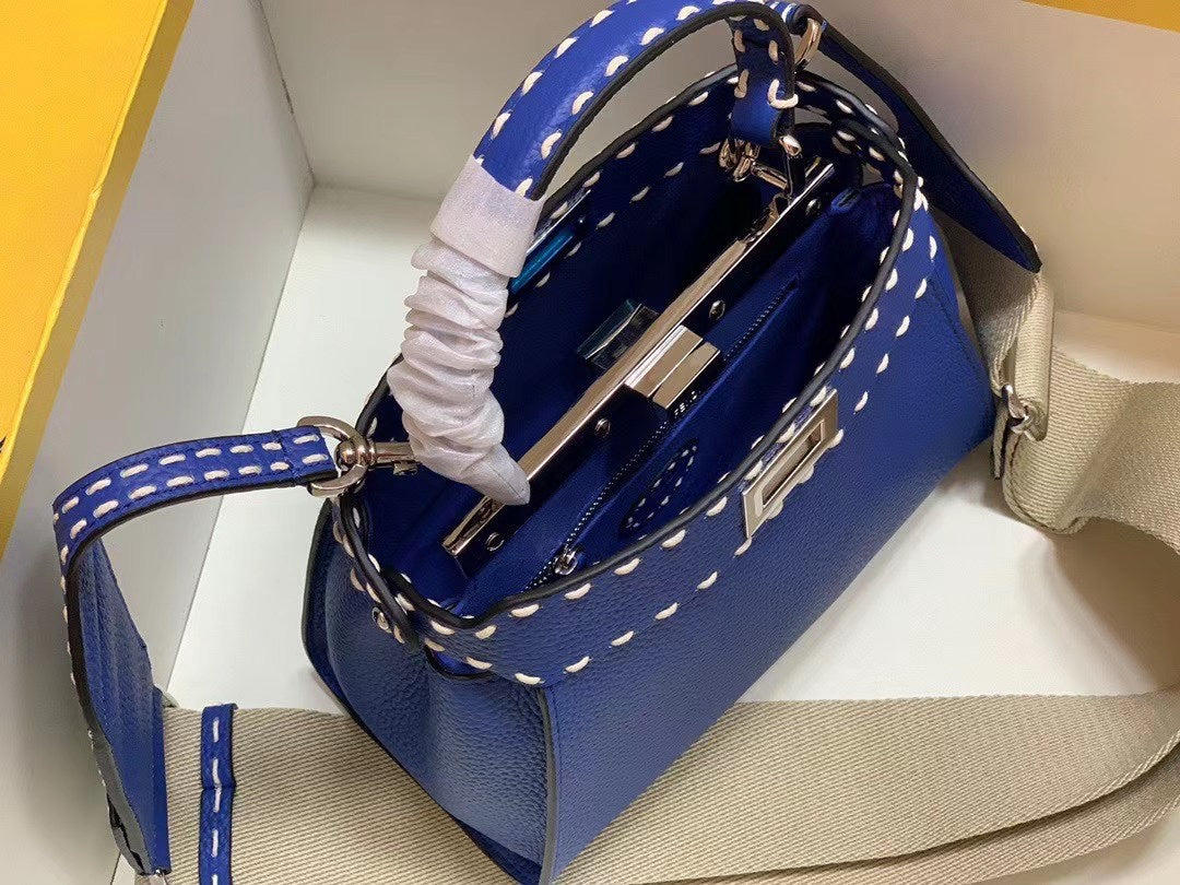 Fendi Peekaboo Selleria Mini Blue Leather Handbag with FF Logo Charms