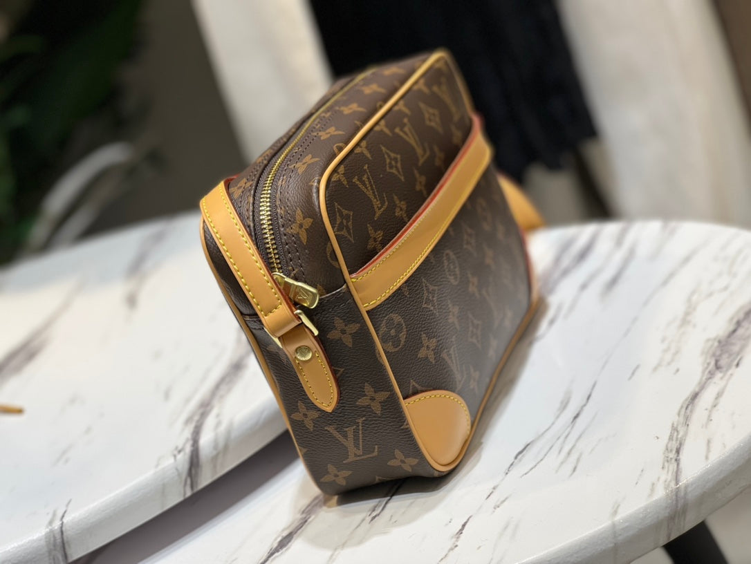 Louis Vuitton Vintage Brown Monogram Canvas Crossbody Bag with Leather Trim