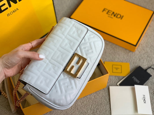 Fendi Baguette White FF Embossed Leather Shoulder Bag
