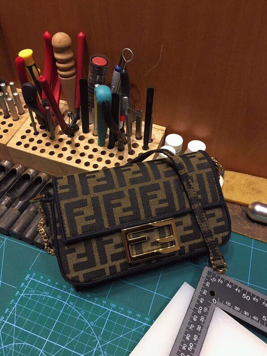 Fendi Mini Baguette Bag in Tobacco Zucca Canvas with Gold-Tone FF Buckle
