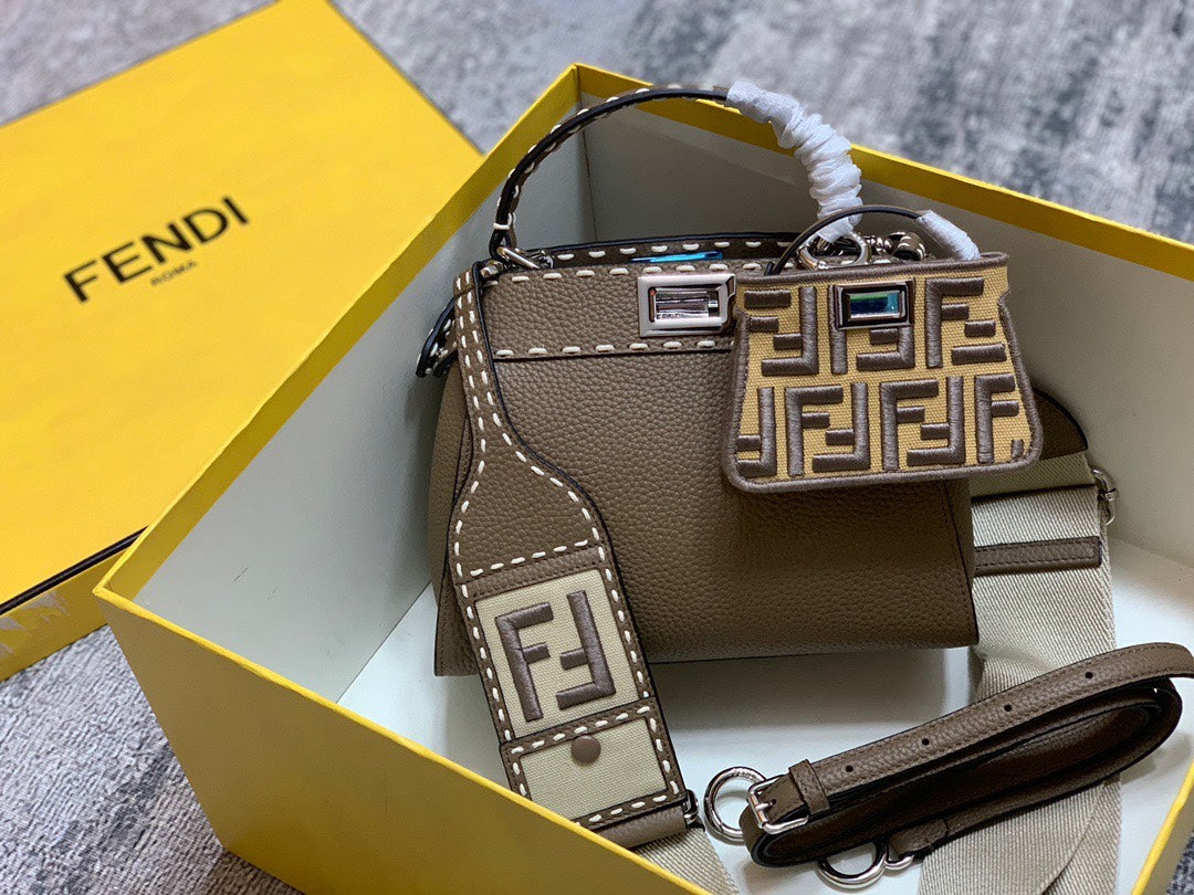 Fendi Peekaboo ISeeU Medium Brown Leather Handbag with FF Motif Charm