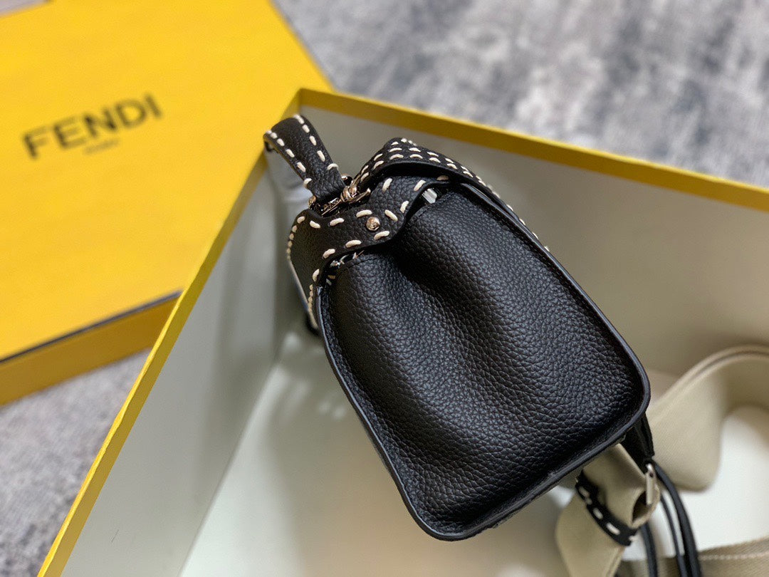 Fendi Peekaboo ISeeU Black Leather Handbag with FF Logo Strap and Mini Pouch
