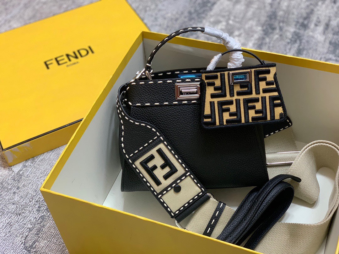 Fendi Peekaboo ISeeU Black Leather Handbag with FF Logo Strap and Mini Pouch