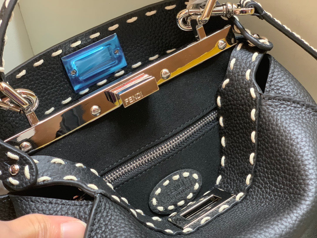 Fendi Peekaboo ISeeU Black Leather Handbag with FF Logo Strap and Mini Pouch
