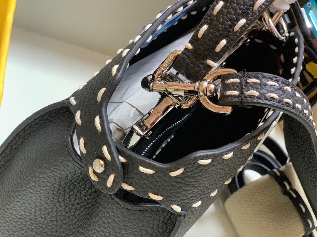 Fendi Peekaboo ISeeU Black Leather Handbag with FF Logo Strap and Mini Pouch