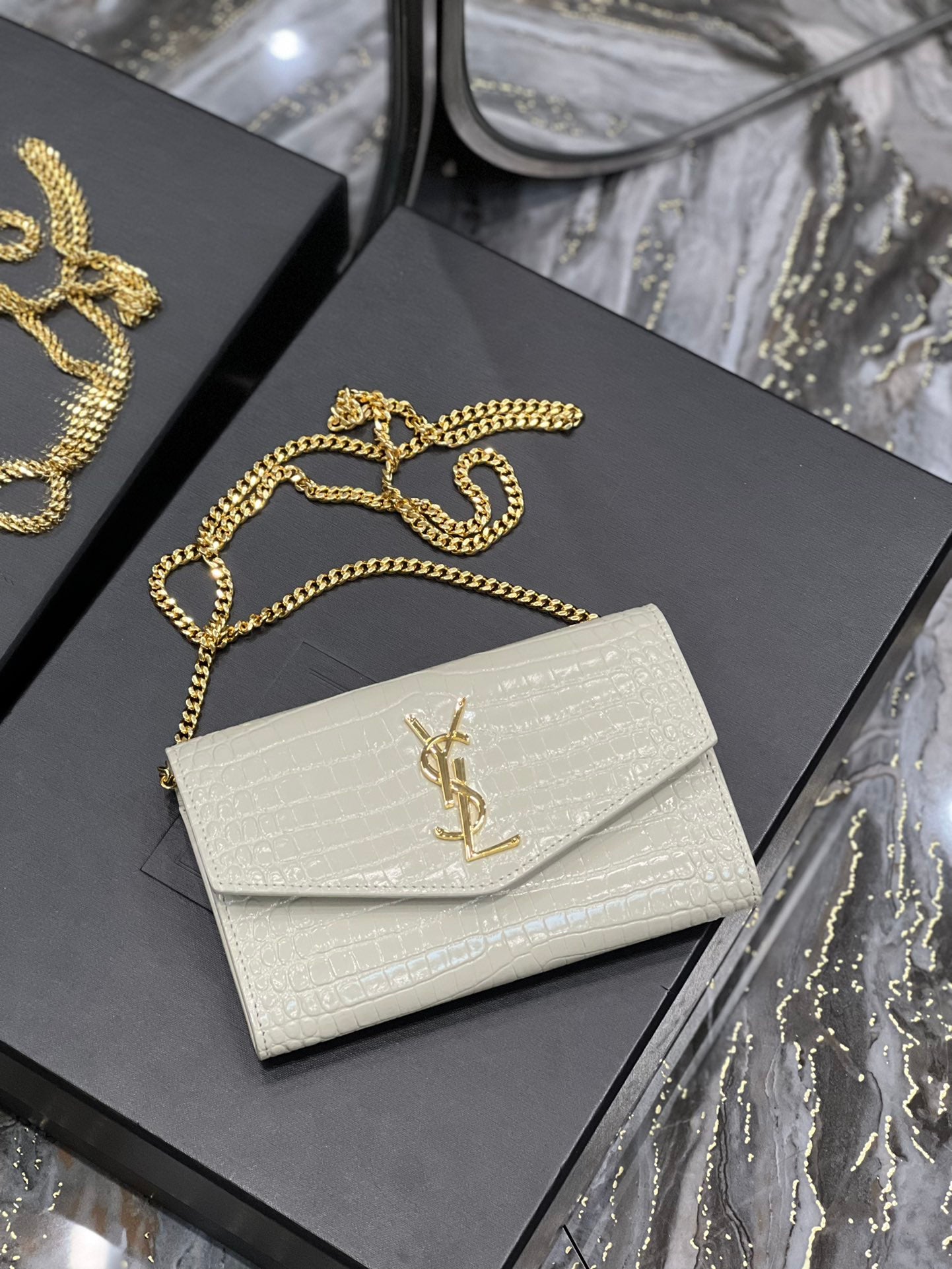 Saint Laurent Uptown Chain Wallet in Croc-Embossed Leather - White