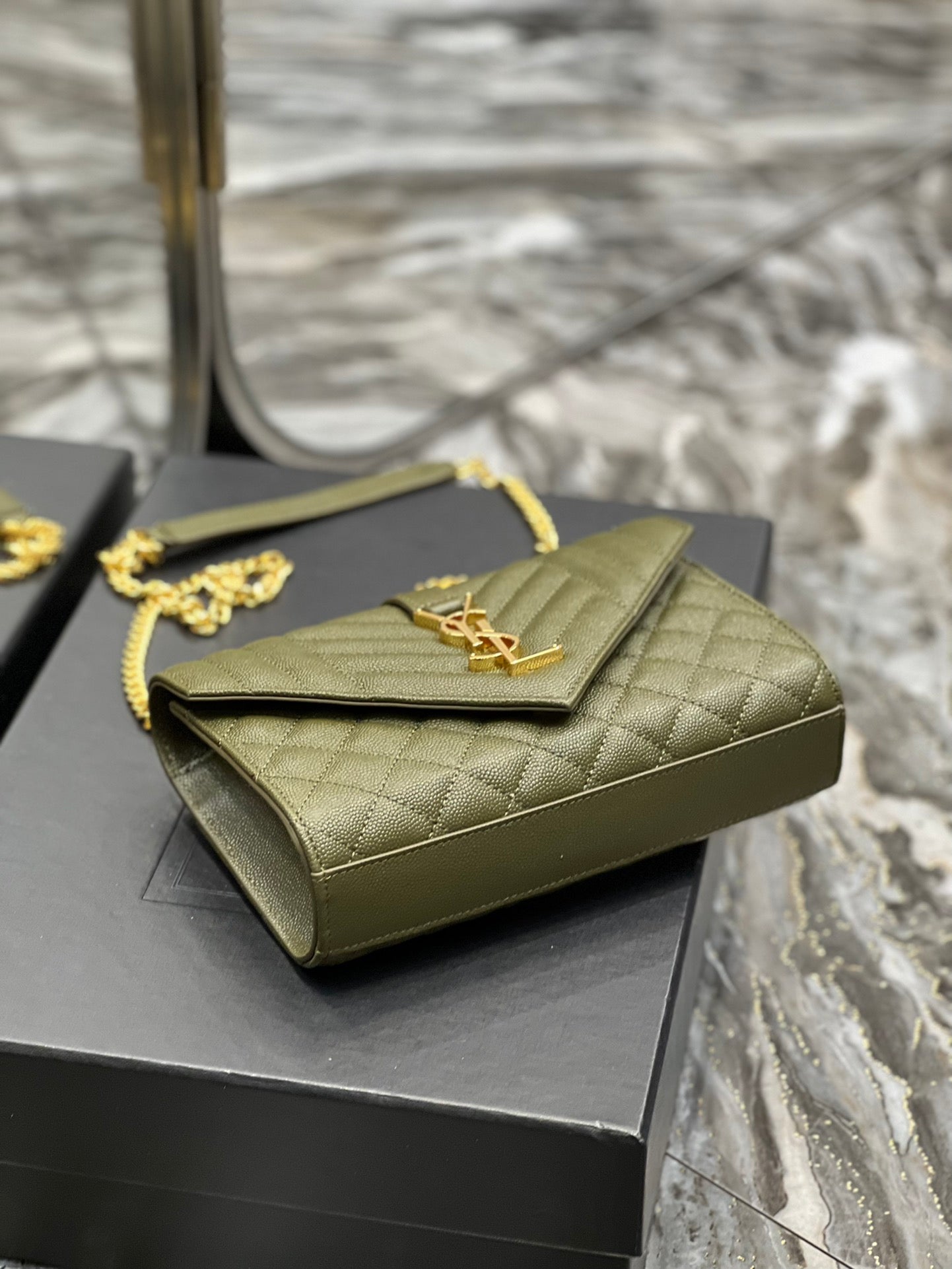 Saint Laurent Cassandre Matelassé Chain Wallet in Olive Green Quilted Leather