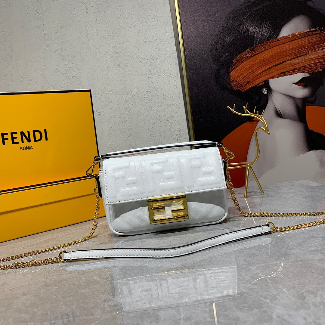 Fendi White Embossed FF Logo Baguette Bag with Gold-Tone Chain Strap