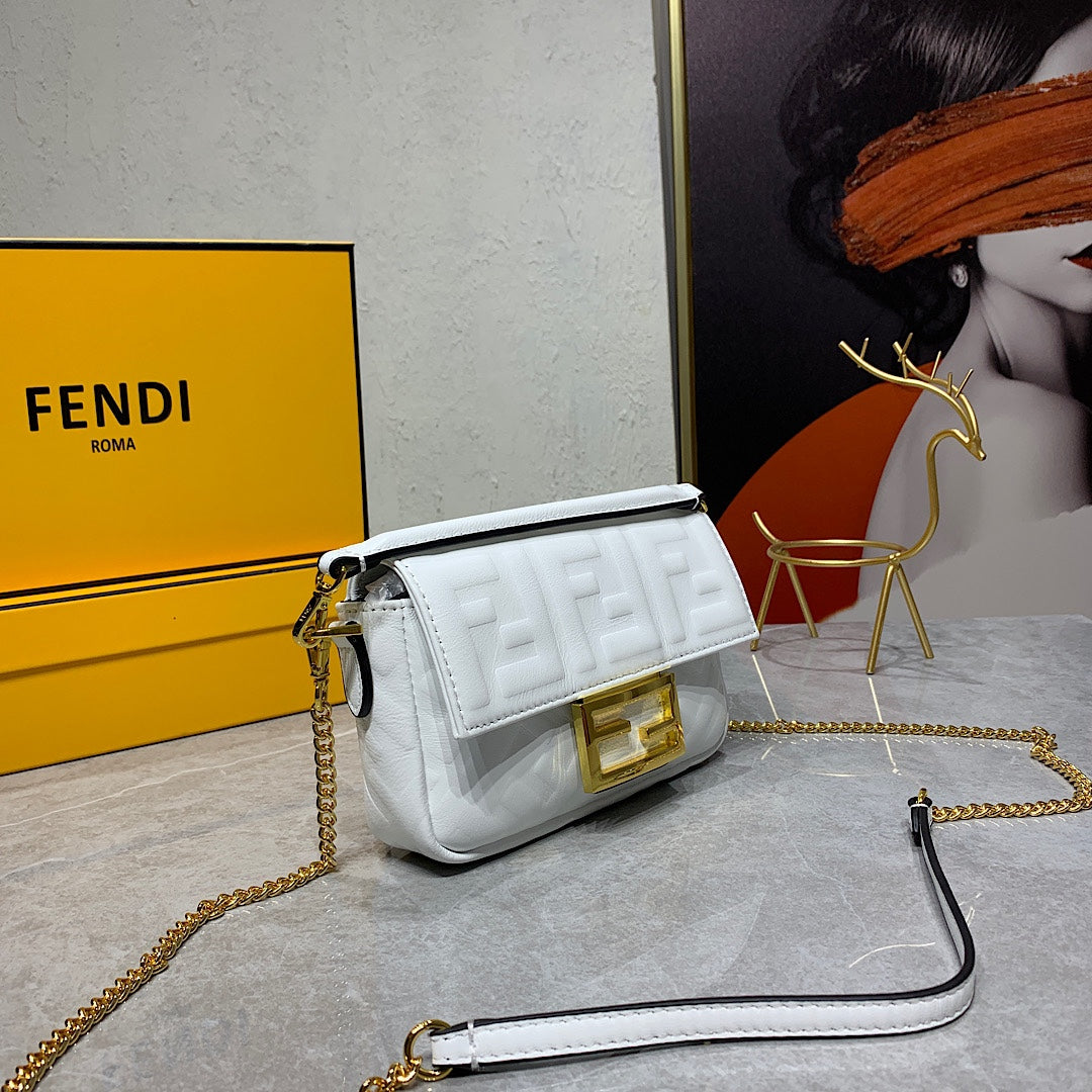Fendi White Embossed FF Logo Baguette Bag with Gold-Tone Chain Strap