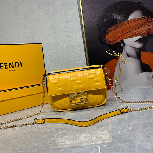 Fendi Yellow Embossed FF Baguette Mini Bag with Gold Chain Strap