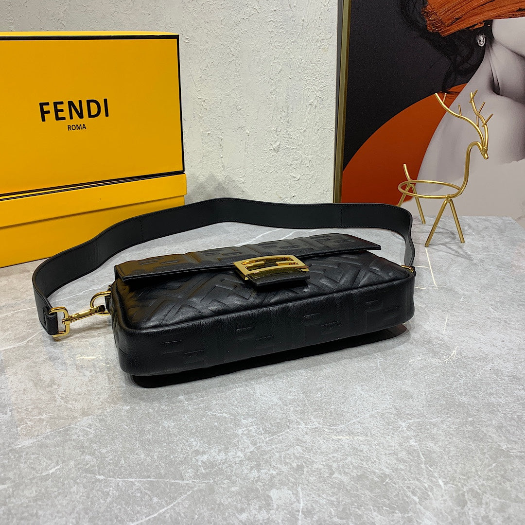 Fendi Baguette Black Embossed FF Monogram Leather Shoulder Bag