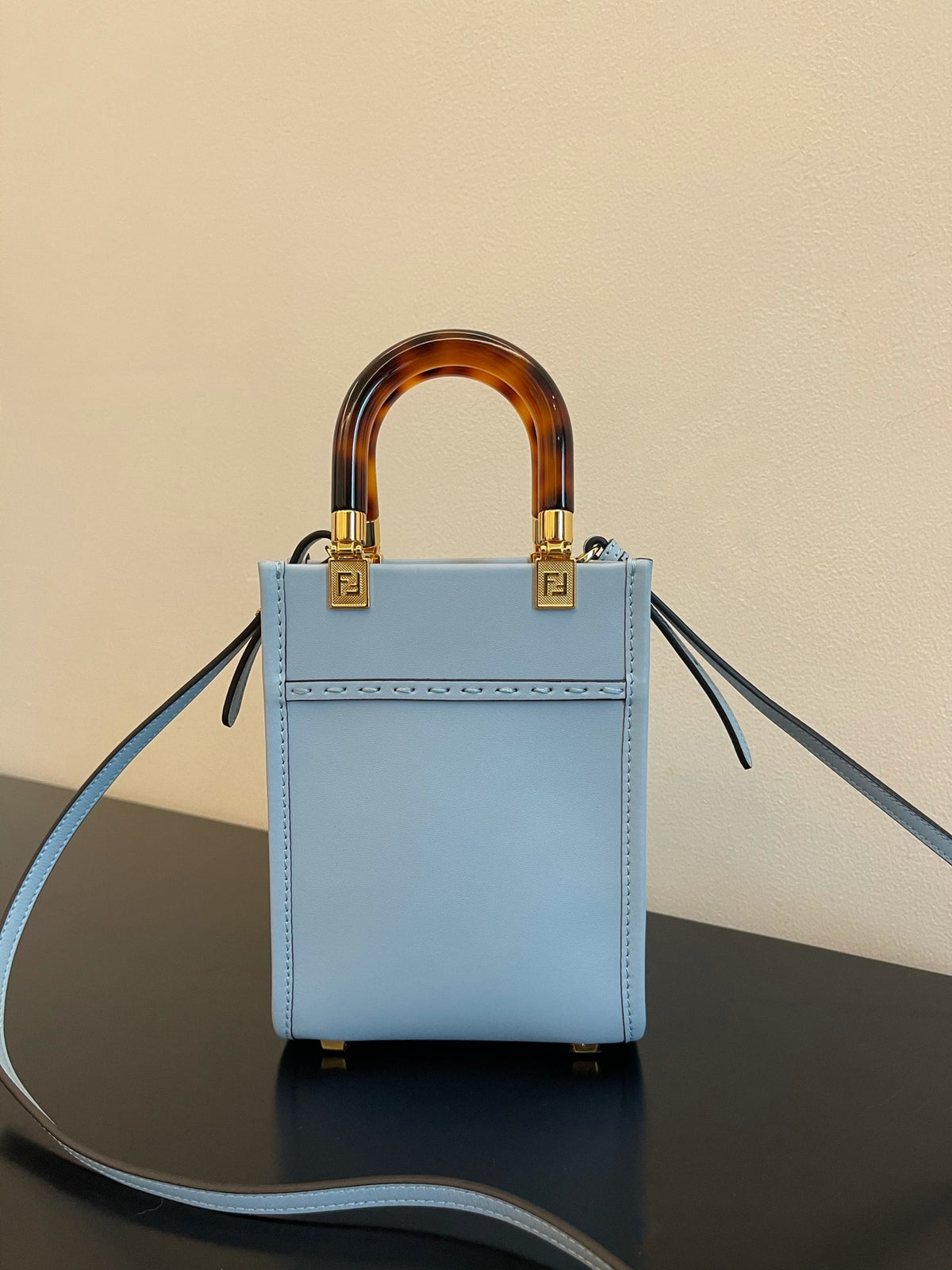 Fendi Mini Sunshine Shopper Bag in Light Blue Leather with Tortoiseshell Handles