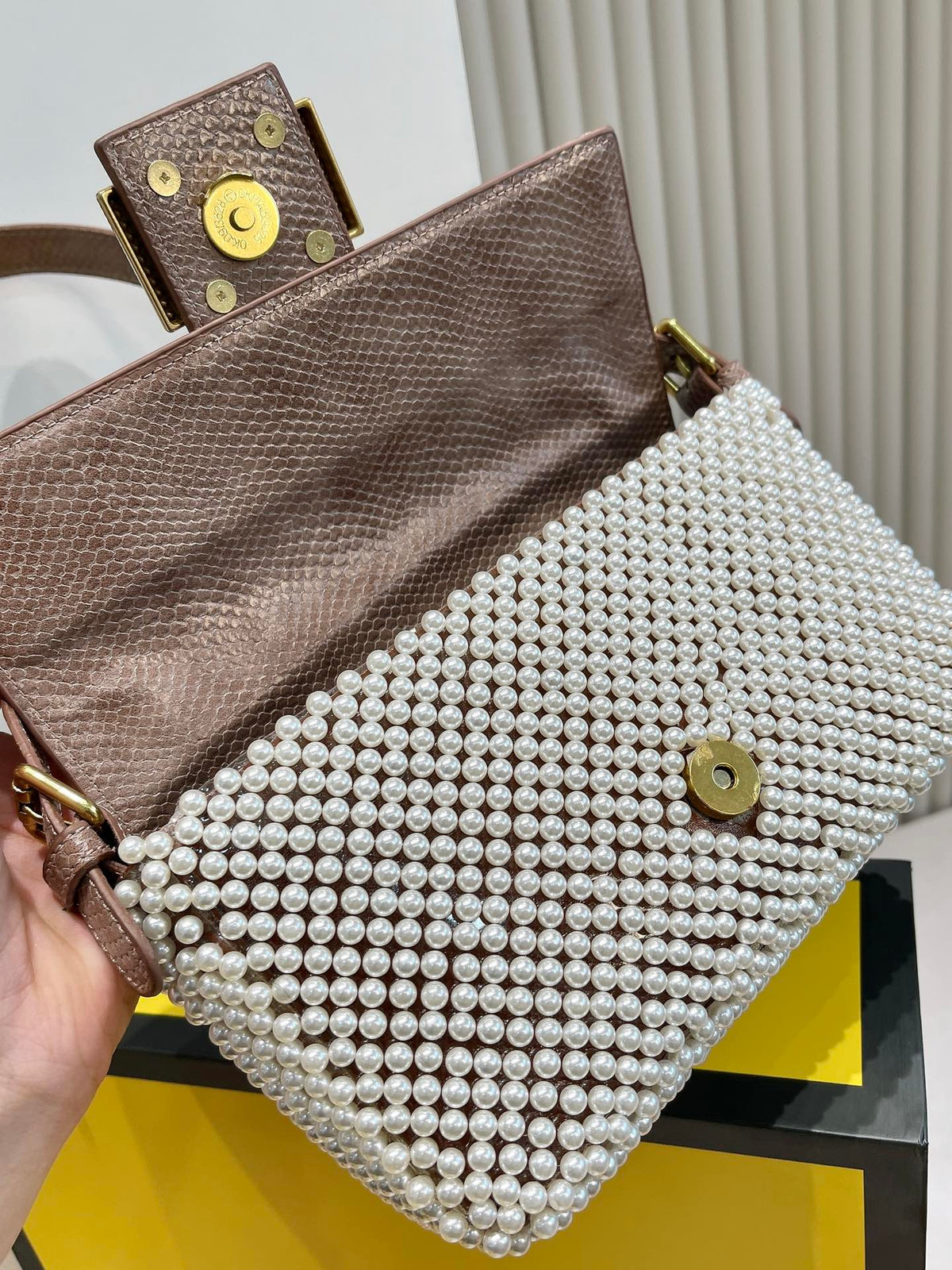 Luxury Patterned Beaded Baguette Shoulder Bag - Brown and Neutral Tones with Gold-Tone Buckle