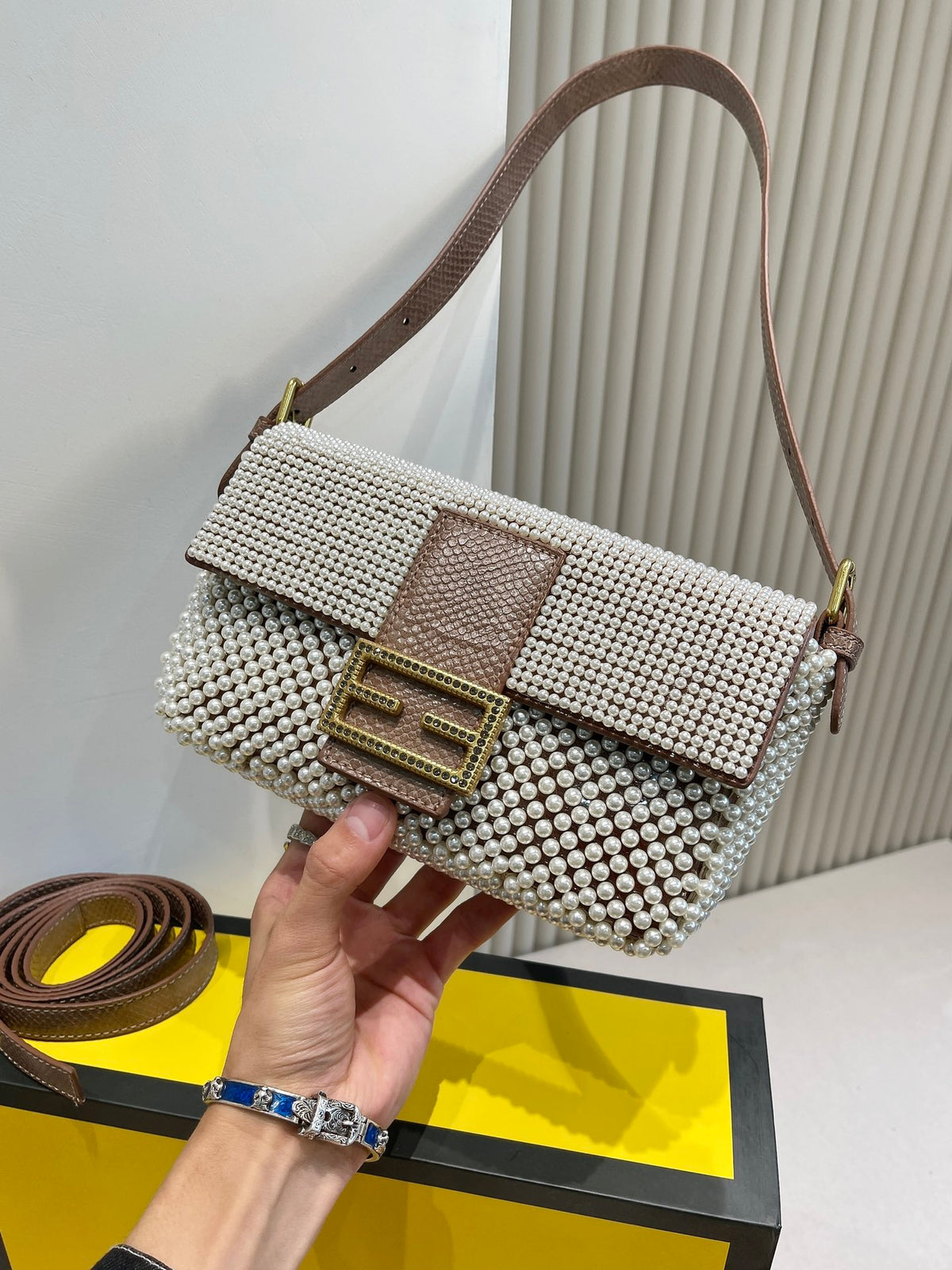 Luxury Patterned Beaded Baguette Shoulder Bag - Brown and Neutral Tones with Gold-Tone Buckle