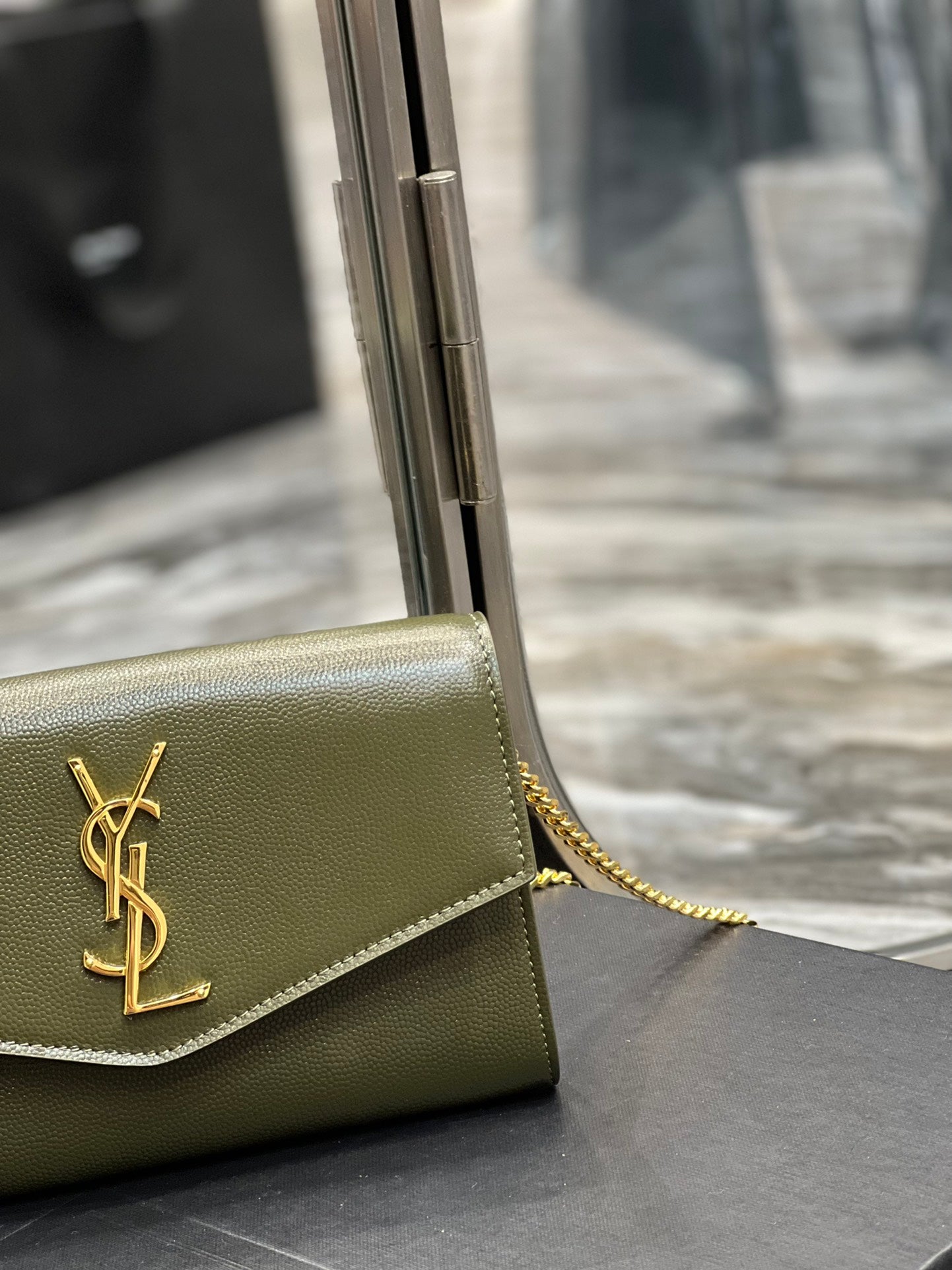 Saint Laurent Cassandre Envelope Chain Wallet in Olive Green Leather with Cardholder