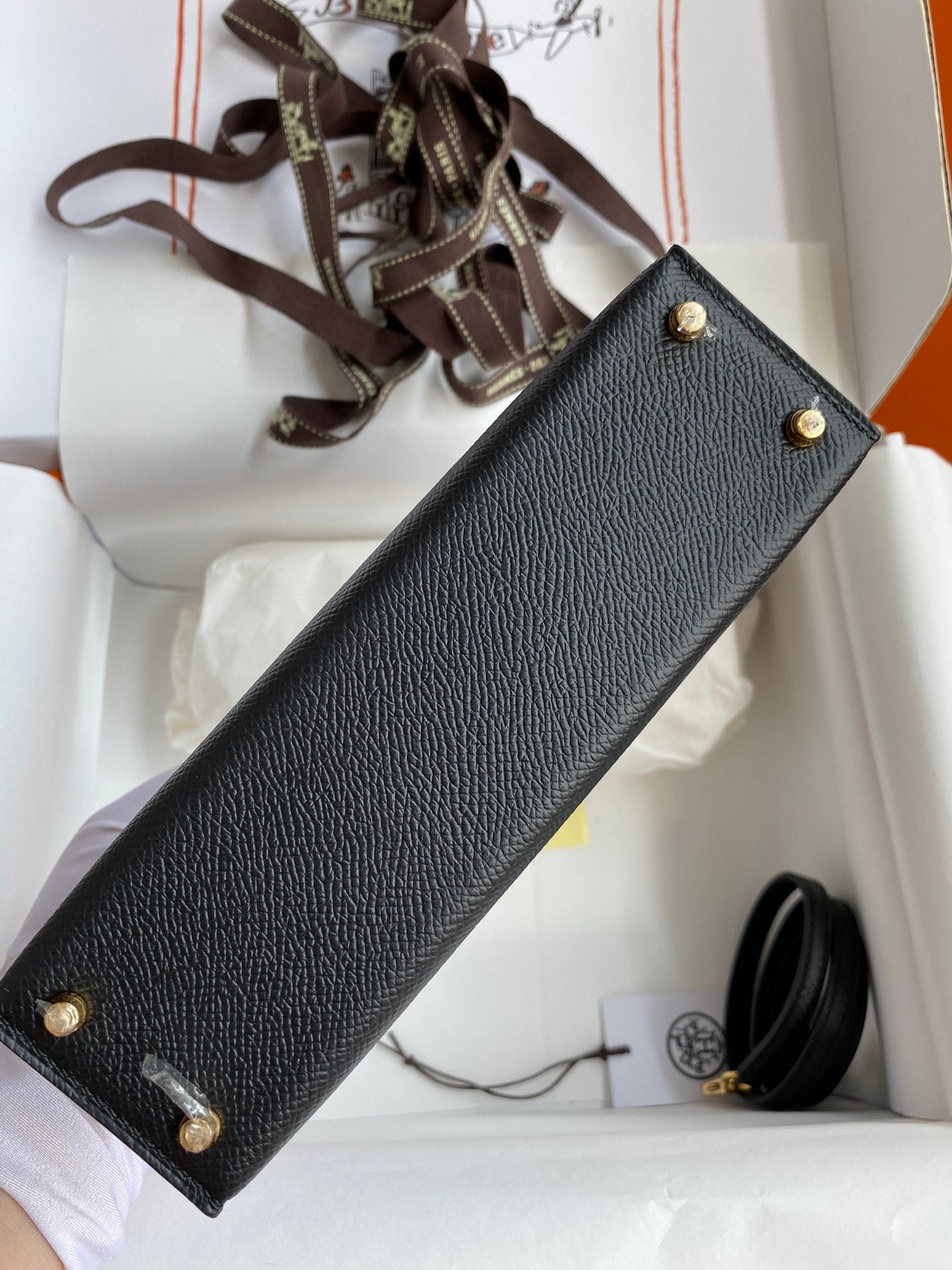 Black Textured Leather Top Handle Handbag with Gold Hardware