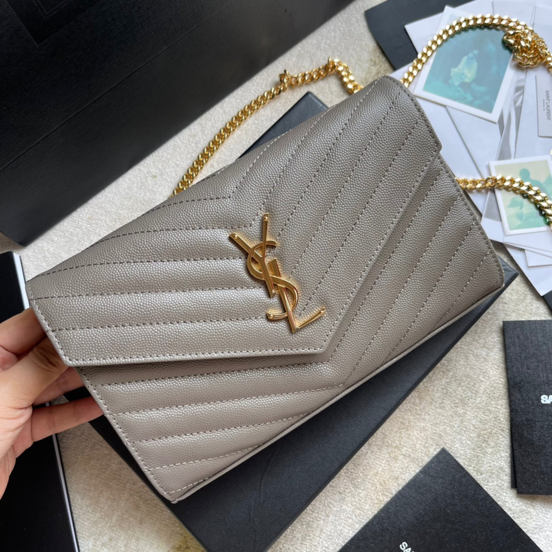 Saint Laurent Cassandre Matelassé Chain Wallet in Quilted Leather - Grey