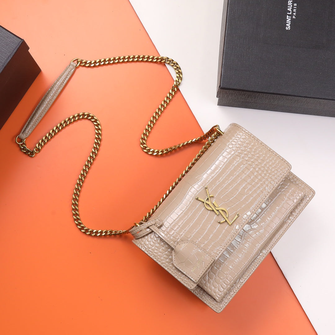 Saint Laurent Sunset Small Bag in Crocodile-Embossed Leather - Beige Gold Chain