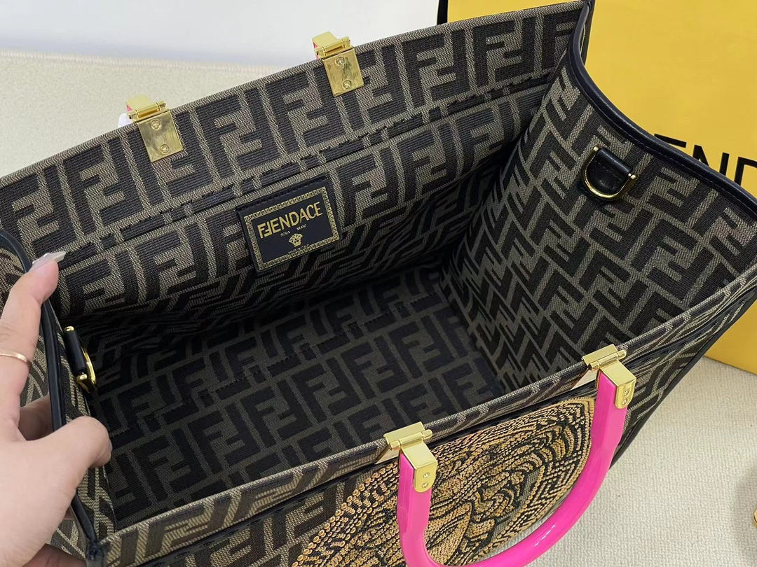 Fendi x Versace Fendace Sunshine Shopper Tote Bag - Brown FF Monogram with Gold Medusa
