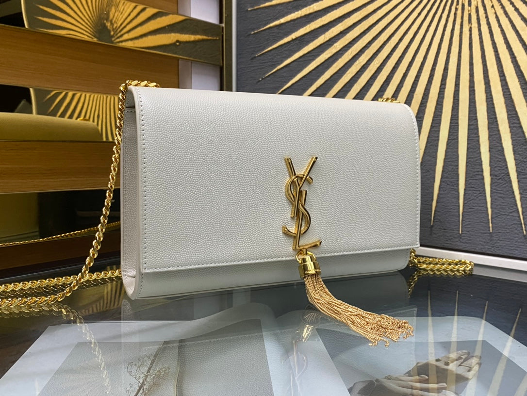 Saint Laurent Kate Tassel Medium Shoulder Bag - White Leather with Gold Hardware