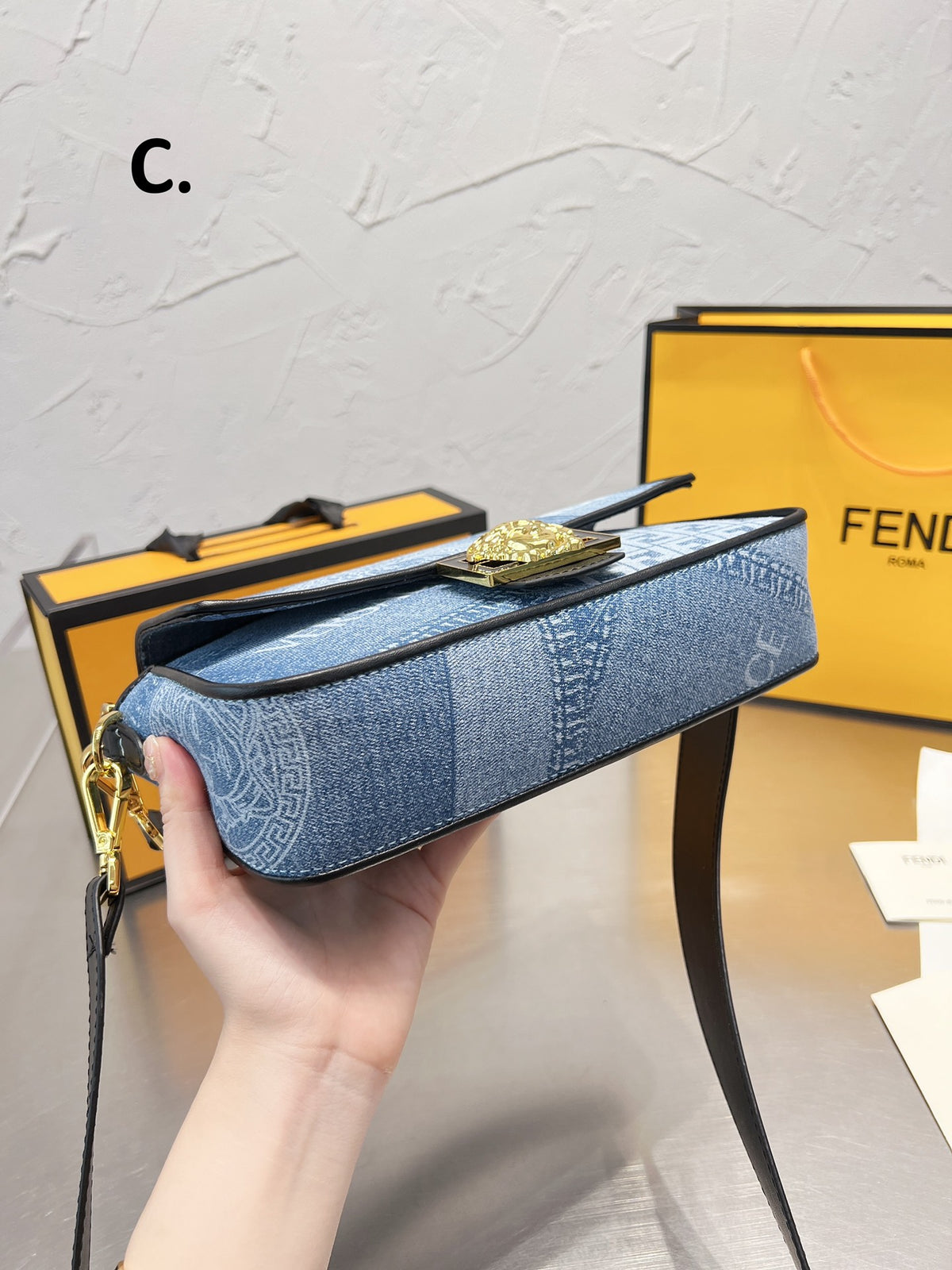 Fendace Denim Medusa Shoulder Bag - Blue Monogram Crossbody with Gold Hardware