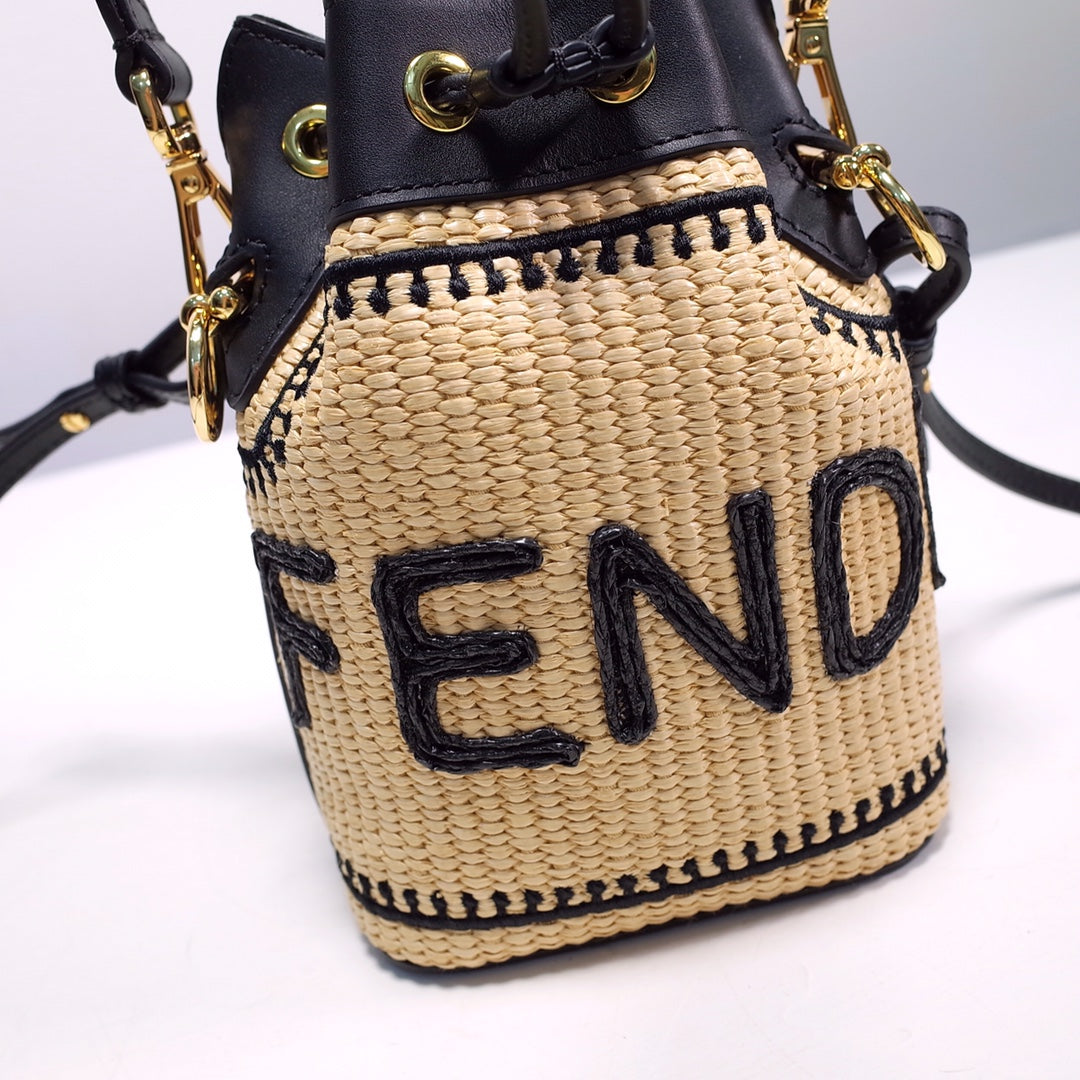Fendi Mon Tresor Small Straw-Effect Bucket Bag with Logo