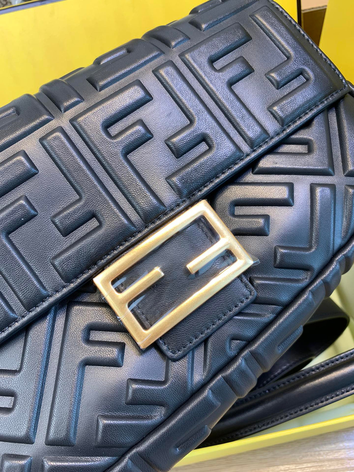 Fendi Black Embossed Nappa Leather Baguette Shoulder Bag with Gold Hardware