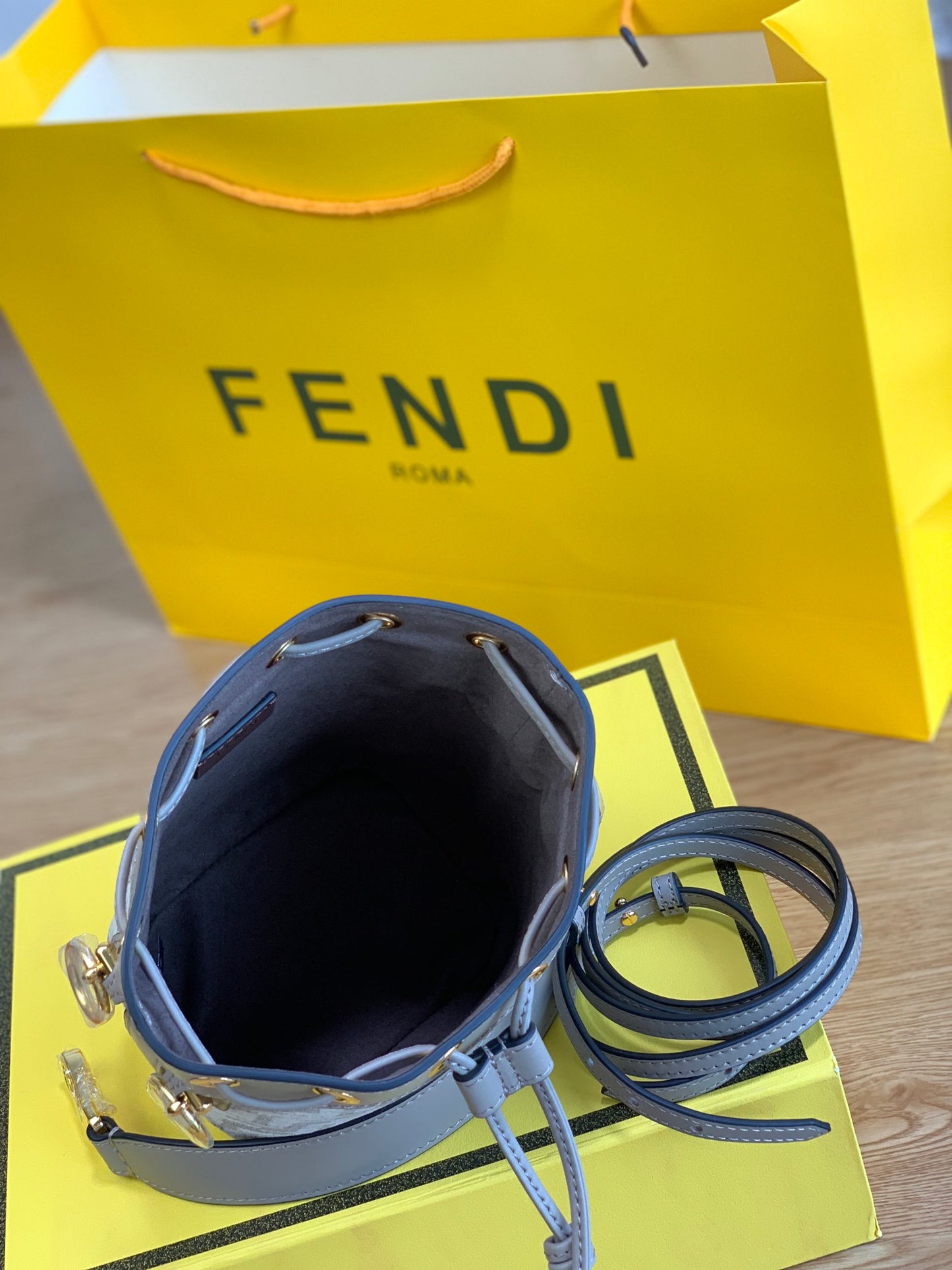 Fendi Mon Tresor Mini Bucket Bag - Grey FF Zucca Canvas with Leather Trim
