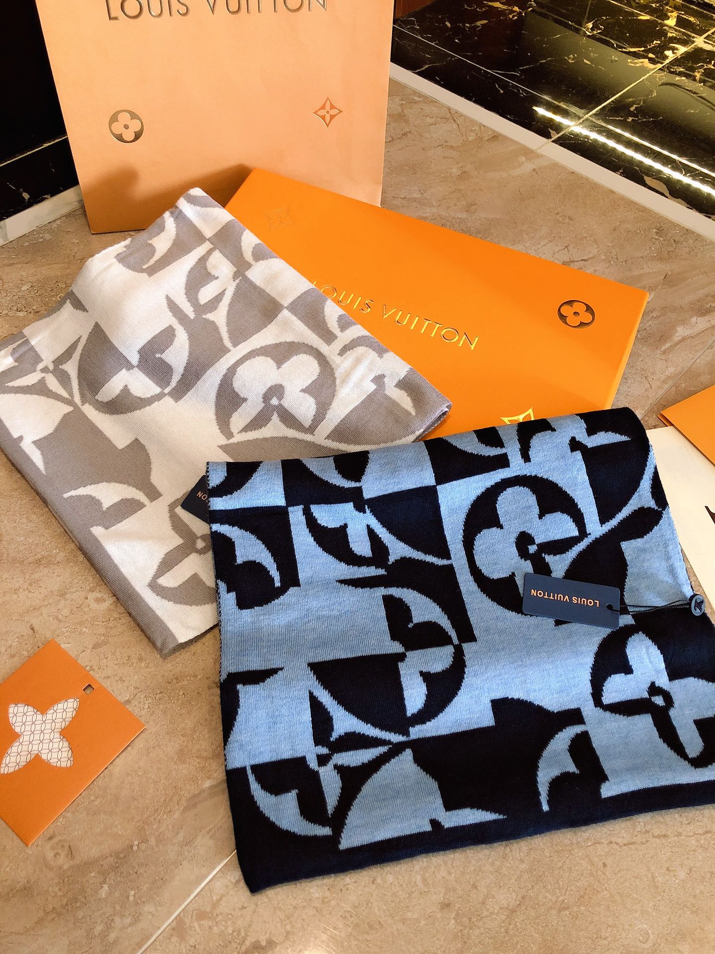 Louis Vuitton Monogram Giant Scarf - Grey and White Luxury Knit Winter Wrap