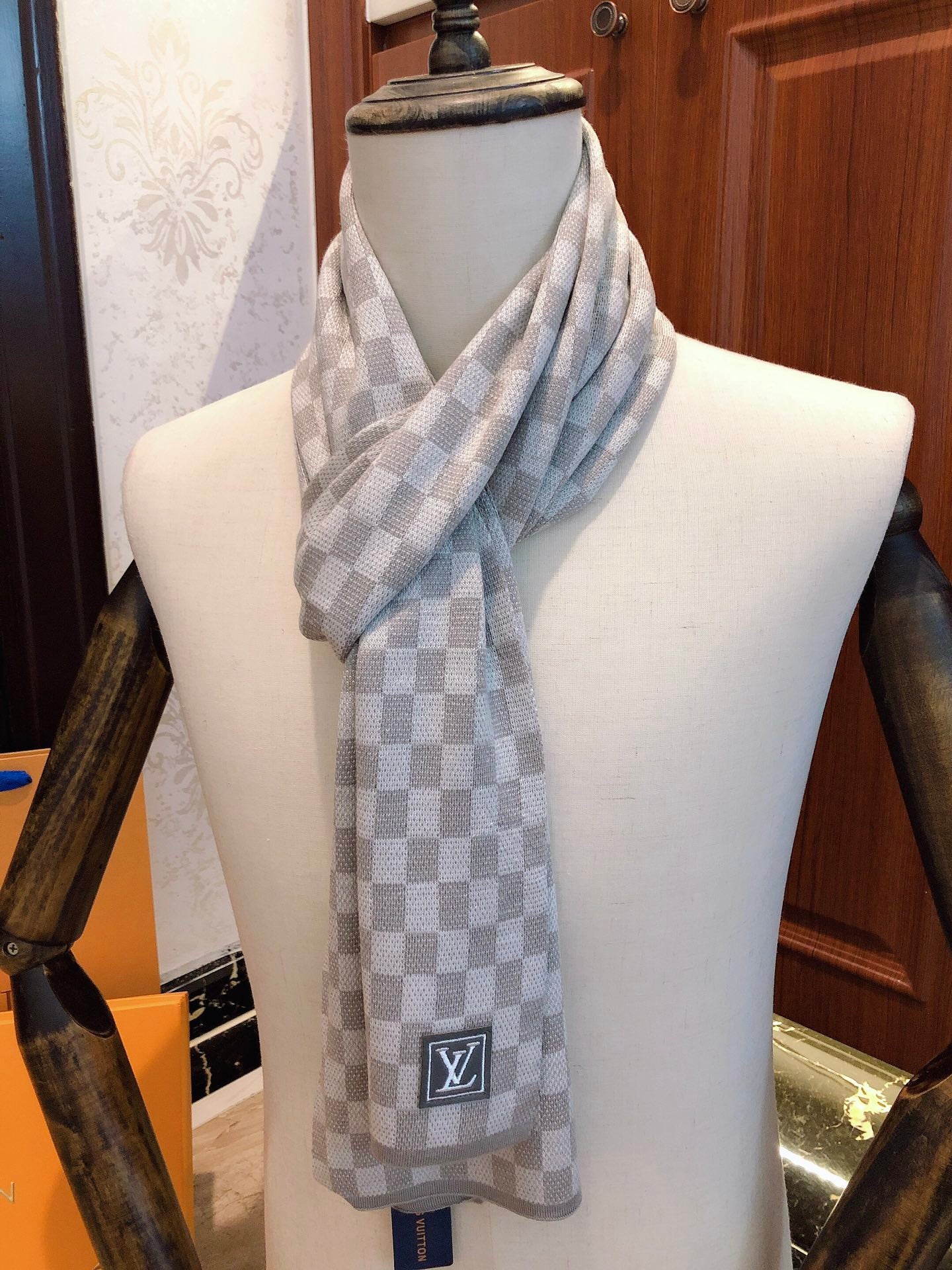 Grey and White Checkered Damier Scarf - Luxury Wool Blend Winter Accessory for Men and Women