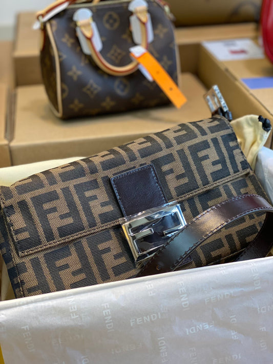 Fendi FF Monogram Canvas Baguette Shoulder Bag with Brown Leather Trim