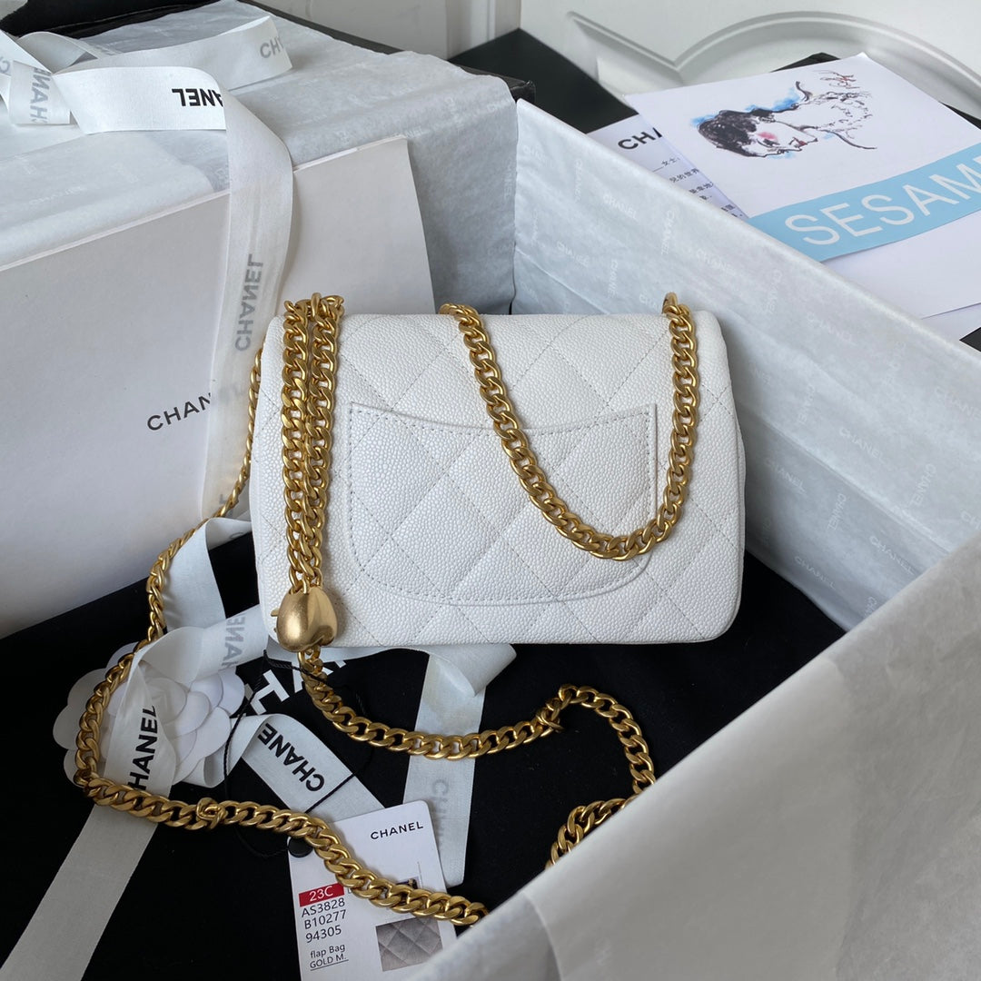 Chanel White Quilted Lambskin Mini Flap Bag with Gold-Tone Adjustable Ball Chain