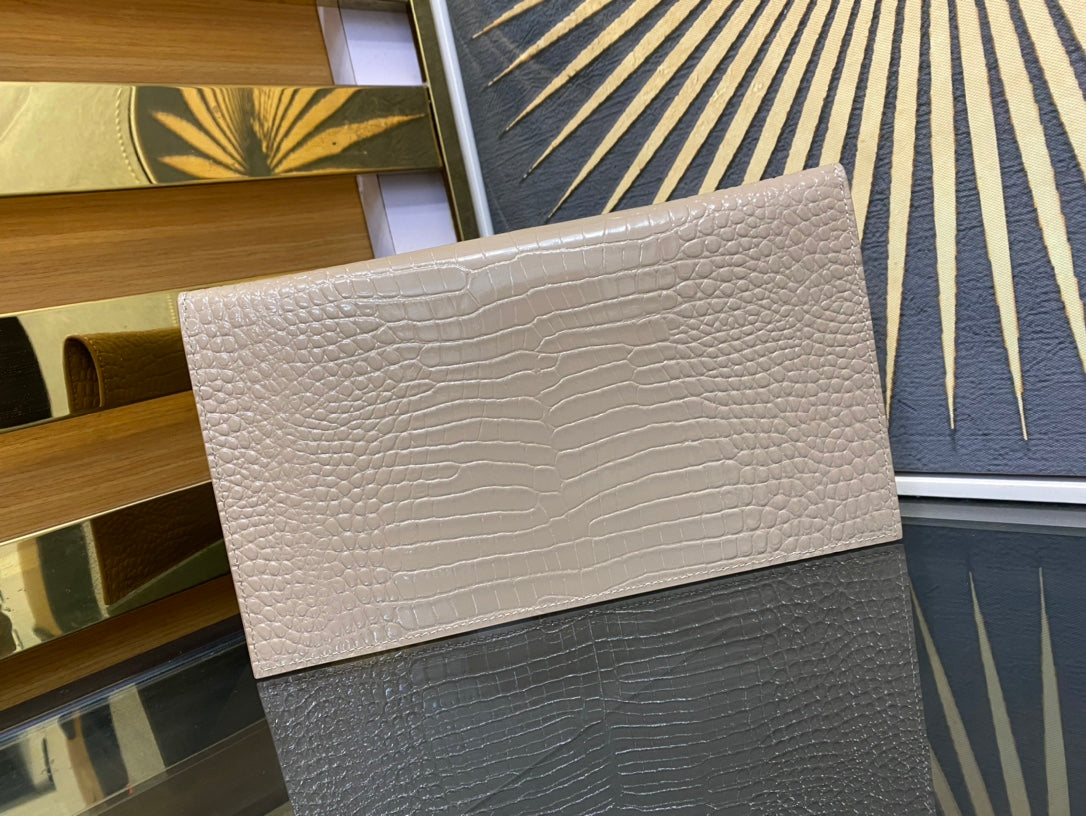 Saint Laurent Uptown Pouch in Shiny Crocodile-Embossed Leather - Beige